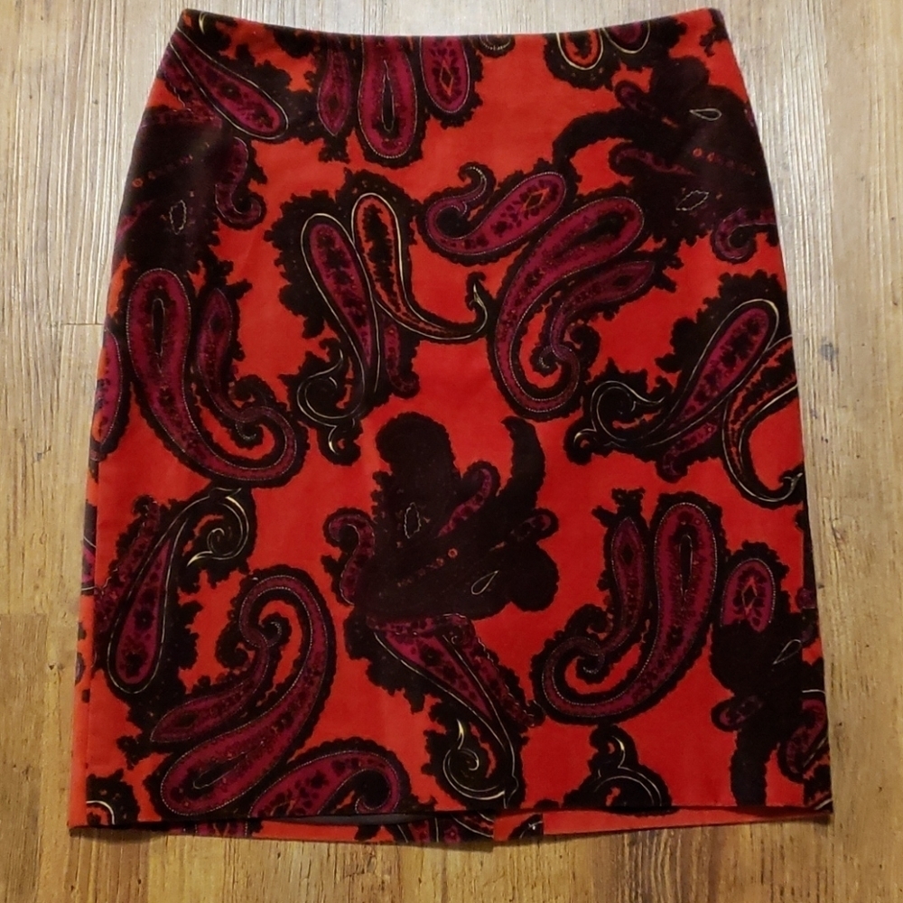 Talbots red black paisley skirt velvet style warm
